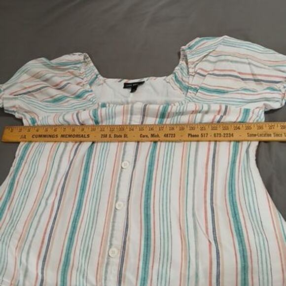 Lane Bryant 18 cap-slv fully-line white/aqua/coral vert-stripes linen blnd top - Picture 9 of 11